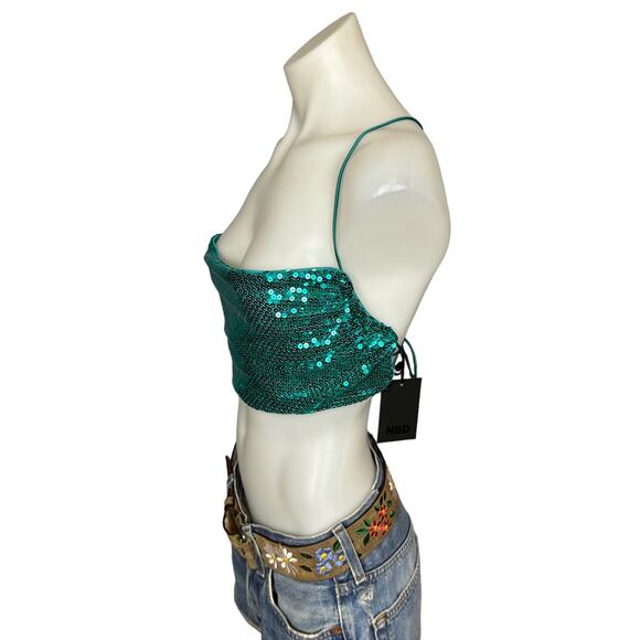NBD Sequin Crop Top Mermaid Green MEDIUM Tie Back Bandeau Annelise $128 NEW - Picture 7 of 9
